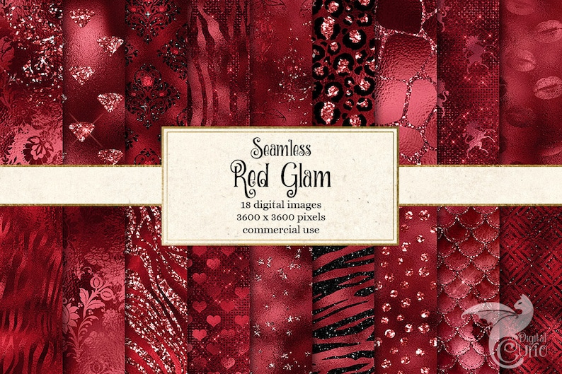 May include: A set of 18 digital seamless patterns in red and black with glitter accents. The patterns include hearts, leopard print, damask, and zebra stripes. The text "Seamless Red Glam" is displayed in the center of the image. The text "18 digital images 3600 x 3600 pixels commercial use" is displayed below the title.