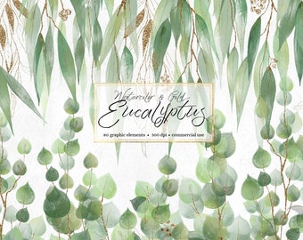 Watercolor and Gold Eucalyptus Clip Art - gold glitter leaves and branches with frames instant download for commercial use