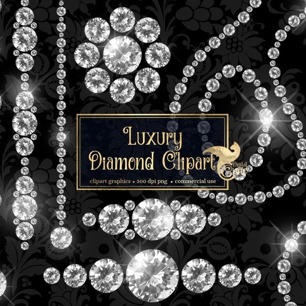 Luxury Diamond Clipart in PNG format with borders, sparkle frames clip art and strands instant download for commercial use