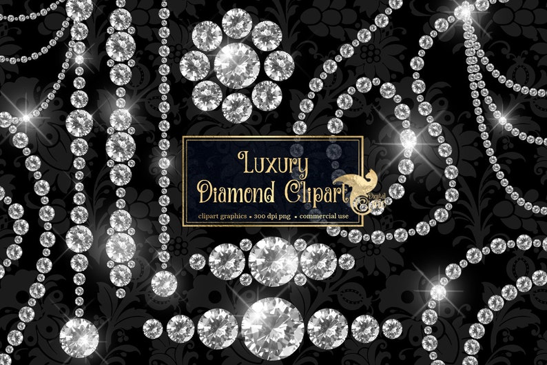 K&ouml;nnte beinhalten: Digitales Grafikdesign mit Diamanten-Cliparts. Das Design zeigt funkelnde Diamantenstr&auml;nge und -cluster sowie eine zentrale Blumenanordnung, alles vor einem schwarzen floralen Hintergrund. Der Text "Luxury Diamond Clipart" wird in einem goldgerahmten Rechteck angezeigt.