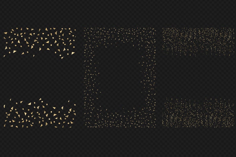 May include: A set of four digital graphics featuring gold confetti on a black background. The confetti is in the shape of circles and triangles. The graphics are arranged in a square, a circle, and two vertical lines.