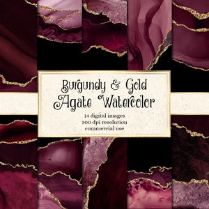 Burgundy en Gold Agate aquarel texturen, rode geode afdrukbaar digitaal plakboekpapier voor commercieel gebruik in uitnodiging of webdesign
