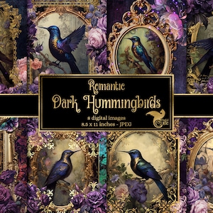 Romantic Dark Hummingbirds Journal Paper, notebook digital paper rococo fantasy junk journal pages printable 8.5x11 paper instant download