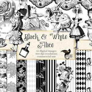 Black and White Alice's Adventures in Wonderland Clipart, instant download clip art graphics with Mad Hatter, Queen of Hearts, White Rabbit