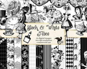 Black and White Alice's Adventures in Wonderland Clipart, instant download clip art graphics with Mad Hatter, Queen of Hearts, White Rabbit