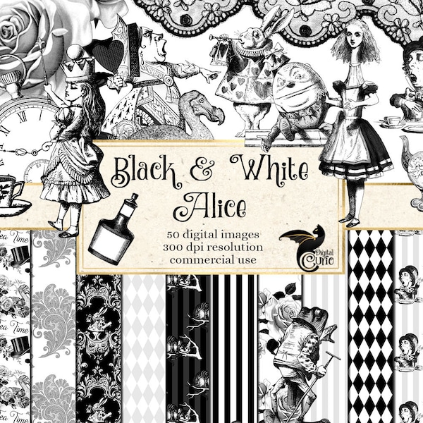 Clipart Le avventure di Alice nel paese delle meraviglie in bianco e nero, grafica clip art con download istantaneo con Cappellaio Matto, Regina di Cuori, Coniglio Bianco