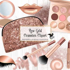 Imágenes prediseñadas de cosméticos de oro rosa: gráficos digitales de maquillaje y belleza en formato png, descarga instantánea para uso comercial
