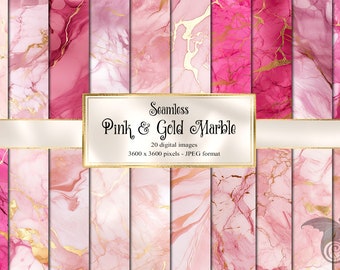 Pink and Gold Marble Digital Paper, Seamless Textures (Digital Download)