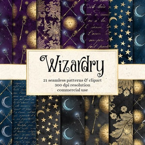 Wizardry Digital Paper, naadloze fantasie achtergronden, wizard clipart sterrenhemel nachtelijke hemel gouden ster patronen spell boek direct downloaden