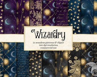 Wizardry Digital Paper, seamless fantasy backgrounds, wizard clipart starry night sky gold star patterns spell book instant download