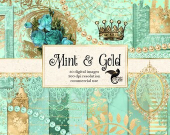 Mint and Gold Digital Scrapbooking Kit, clipart, digital paper, glitter banners, frames, pearls, lace, diamonds, tiara, chandelier, floral