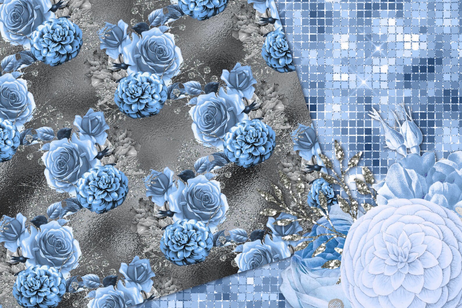 Blue and Silver Floral Digital Paper Seamless Baby Blue Rose - Etsy