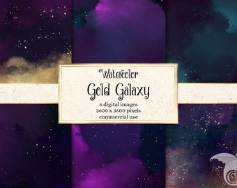 Puede incluir: Seis fondos digitales de galaxia acuarela en tonos de morado, verde azulado y negro con purpurina dorada. El texto "Watercolor Gold Galaxy" está en el centro de la imagen. El texto "6 imágenes digitales 3600 x 3600 píxeles uso comercial" está debajo del título.