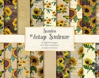 Vintage Sunflower Digital Paper, seamless sunflower patterns and rustic old paper textures for instant download commercial use