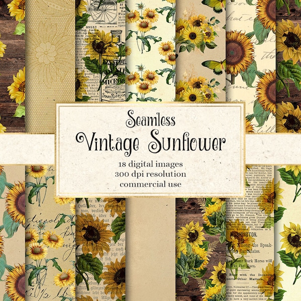 Vintage Sunflower Digital Paper, seamless sunflower patterns and rustic old paper textures for instant download commercial use