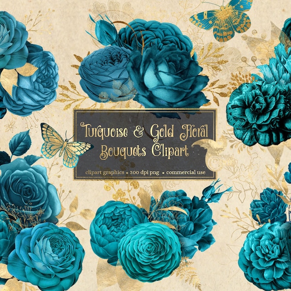 Turquoise and Gold Floral Clip Art, digital instant download painted watercolor flower png embellishments, teal and gold glitter roses