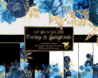 5x7 Blue and Gold Floral Overlays for invitations, planners, journal pages, vintage flower clipart, wedding frames clip art