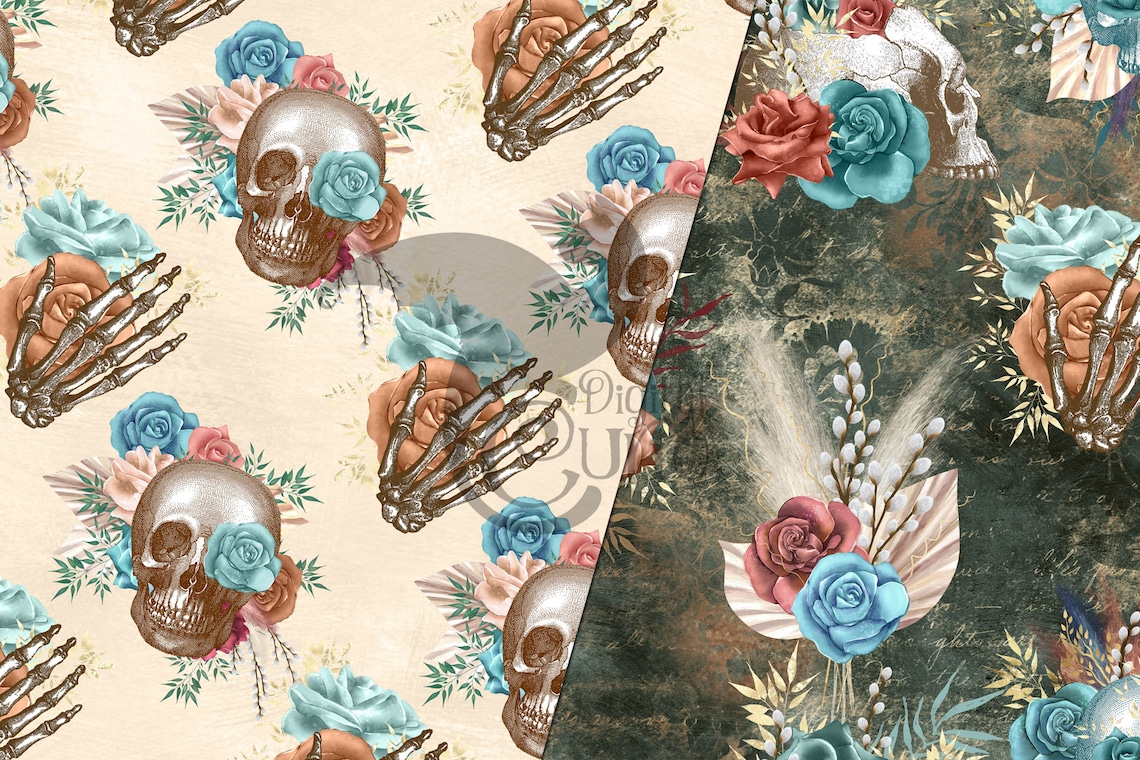 Boho Skulls Digital Paper Seamless Floral Skull Patterns and - Etsy