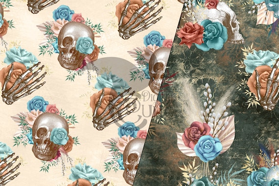 Art & Collectibles Boho Skulls Digital Paper seamless floral skull ...
