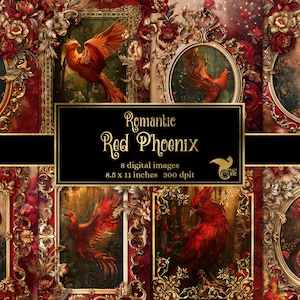 Papier de journal romantique Phoenix rouge, cahier papier numérique pages de journal indésirable fantaisie rococo imprimable 8,5 x 11 papier téléchargement immédiat