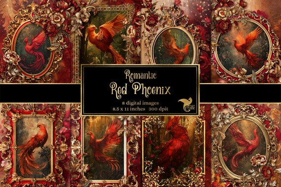 Red Phoenix Rococo Digital Paper, Fantasy Journal Pages (8.5x11) (Digital Download)