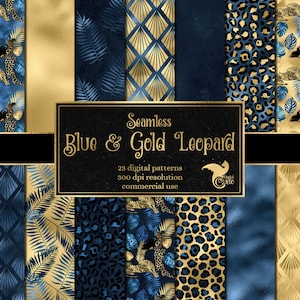 Blue and Gold Leopard Digital Paper, seamless leopard spot patterns, safari animal print in Art Deco style instant download commercial use