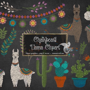 May include: Chalkboard clipart featuring llamas, cacti, flowers, and greenery. The llamas are wearing colorful patterned blankets and have a whimsical, hand-drawn style. The clipart is perfect for adding a touch of southwestern charm to your projects.