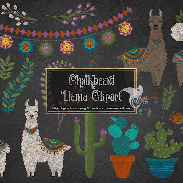 Chalkboard Llama Clipart - cute llama and alpaca chalk  clipart with cactus and flower graphics for instant download commercial use