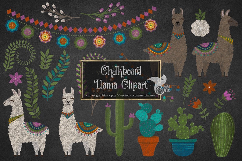 May include: Chalkboard clipart featuring llamas, cacti, flowers, and greenery. The llamas are wearing colorful patterned blankets and have a whimsical, hand-drawn style. The clipart is perfect for adding a touch of southwestern charm to your projects.