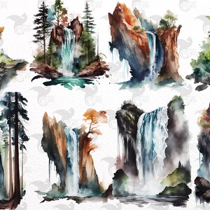 May include: Ten watercolor paintings of waterfalls in various settings. Each painting features a waterfall cascading down a rocky cliff, surrounded by lush greenery and trees. The paintings are rendered in shades of blue, green, brown, and white.