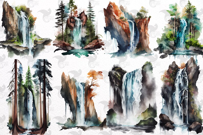 May include: Ten watercolor paintings of waterfalls in various settings. Each painting features a waterfall cascading down a rocky cliff, surrounded by lush greenery and trees. The paintings are rendered in shades of blue, green, brown, and white.