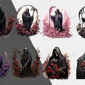May include: A digital illustration of the Grim Reaper in various poses, surrounded by roses. The Reaper is depicted in a black hooded robe, holding a scythe and roses.