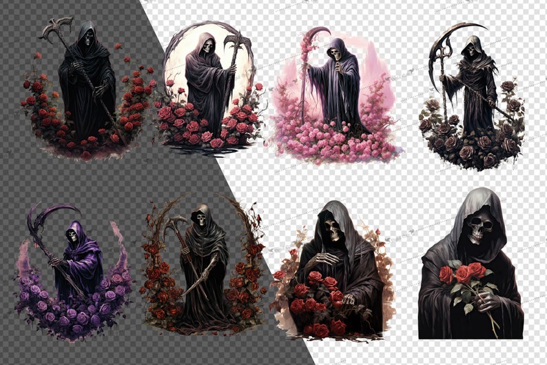 May include: A digital illustration of the Grim Reaper in various poses, surrounded by roses. The Reaper is depicted in a black hooded robe, holding a scythe and roses.