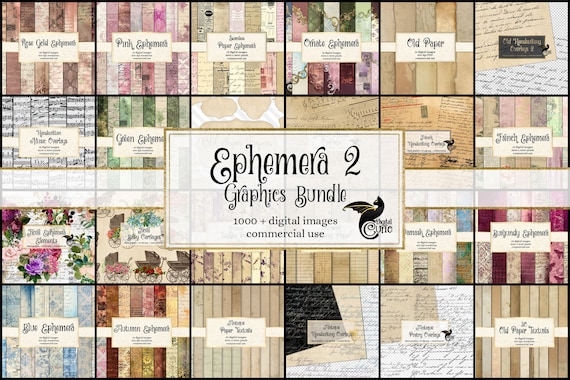 Vintage Ephemera Graphics Bundle, Digital Paper Clipart (Digital Download)