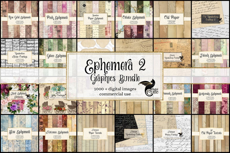 May include: A collage of digital paper textures and graphics for scrapbooking and digital design. The image shows a variety of patterns, including floral, vintage, and handwritten text. The title "Ephemera 2 Graphics Bundle" is displayed in the center of the image. The text "1000+ digital images commercial use" is also included.