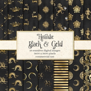 Heraldic Black and Gold Digital Paper, seamless patterns, medieval backgrounds, fantasy printable scrapbook paper, heraldry and sigils