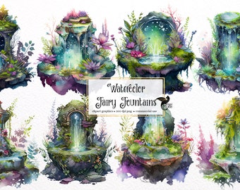 Watercolor Fairy Fountains Clipart - Fantasy Garden Fountain PNG Format ...