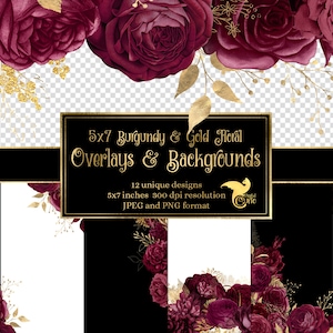 5x7 Burgundy and Gold Floral Overlays for invitations, planners, journal pages, vintage flower clipart, wedding frames clip art