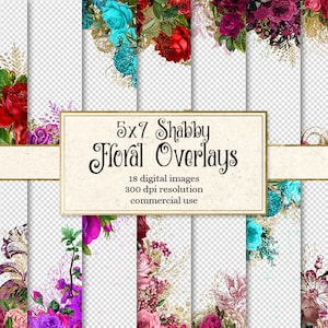 5x7 Shabby Floral Overlays für Einladungen, Planer, Journal-Seiten, Vintage-Blumen-Cliparts, Hochzeitsrahmen, Bordüren-Clip-Art-Overlays