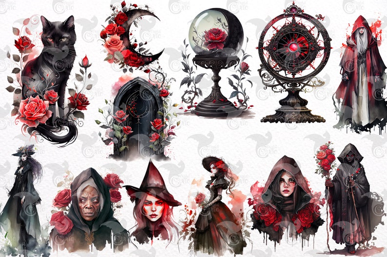 Watercolor Gothic Witch Clipart – Dark Fantasy PNG Graphics (commercial ...