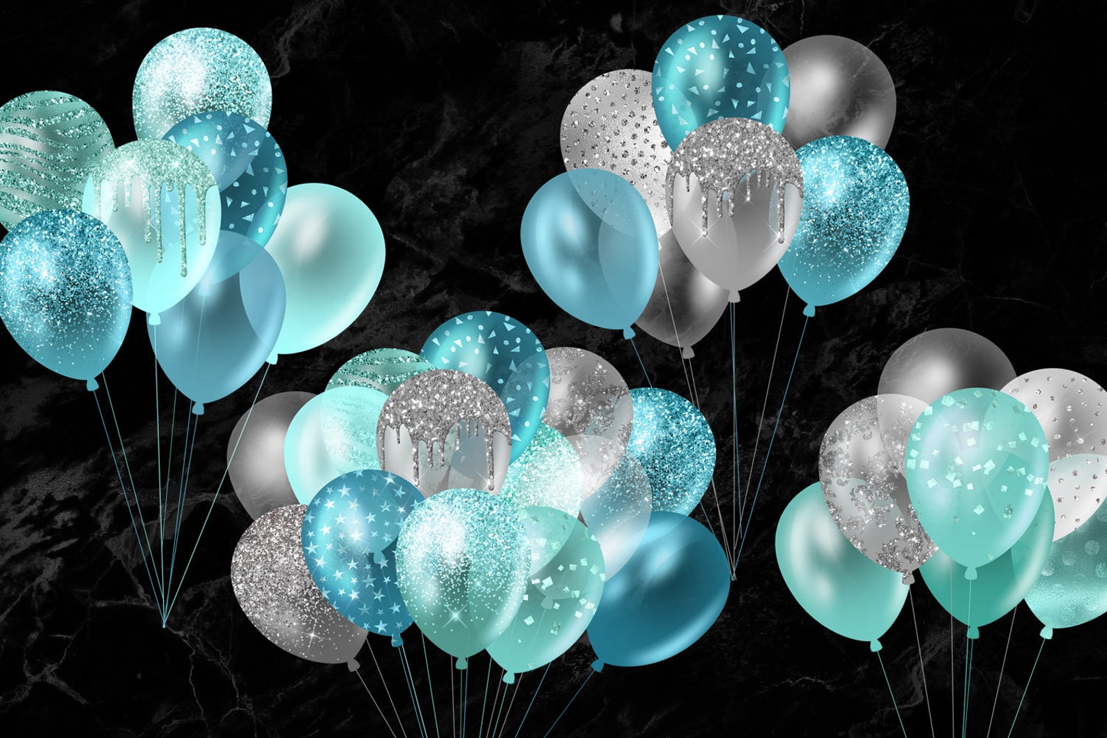 Turquoise Glitter Balloons Clipart teal aqua and silver Etsy