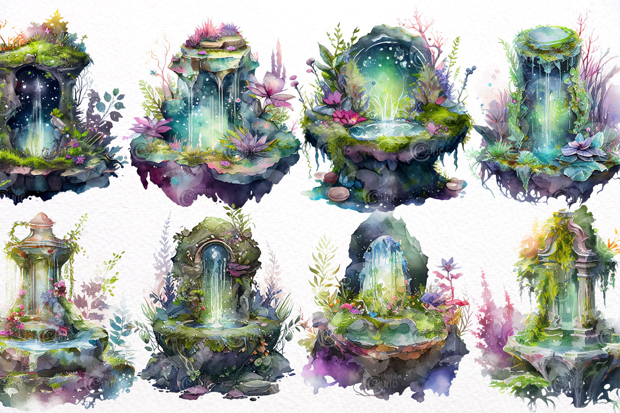 Watercolor Fairy Fountains Clipart - Fantasy Garden Fountain PNG Format ...