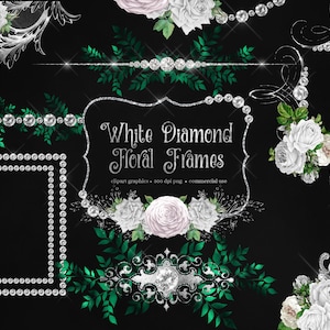 Imágenes Prediseñadas de marcos florales de diamante blanco, imágenes prediseñadas de marco de boda con uso comercial de descarga instantánea de flores