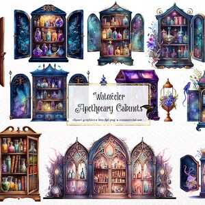 Watercolor Apothecary Cabinets Clipart - fantasy magic potions, watercolor PNG format instant download for commercial use