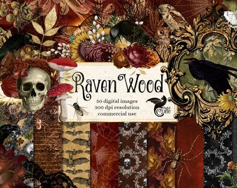 Ravenwood Gothic Clipart Kit, Autumn Digital Paper (Digital Download)