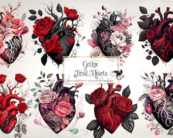 Clipart de corazón floral gótico, ilustraciones anatómicas de San Valentín ilustraciones digitales PNG descarga instantánea uso comercial