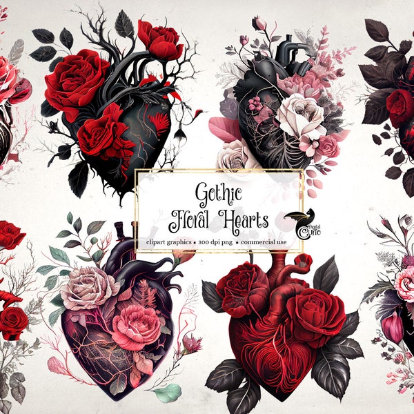 Gothic Floral Heart Clipart, anatomische Valentine illustraties digitale illustraties PNG instant download commercieel gebruik