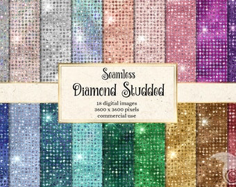 May include: 18 digital seamless patterns featuring a diamond studded design in various colors. Each pattern is 3600 x 3600 pixels and is for commercial use.