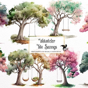 Watercolor Tree Swings Clipart – Spring Forest Scenery (PNG, Digital Download)