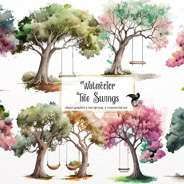 Watercolor Tree Swings Clipart - springtime cute forest scenery wedding PNG format instant download for commercial use